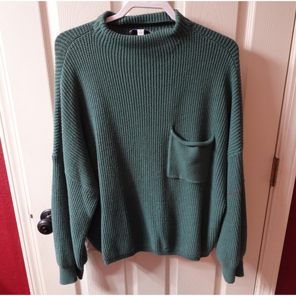 She + Sky Womens Forest Green Ribbed Mock Neck Pocket Sweater Oversized Medium